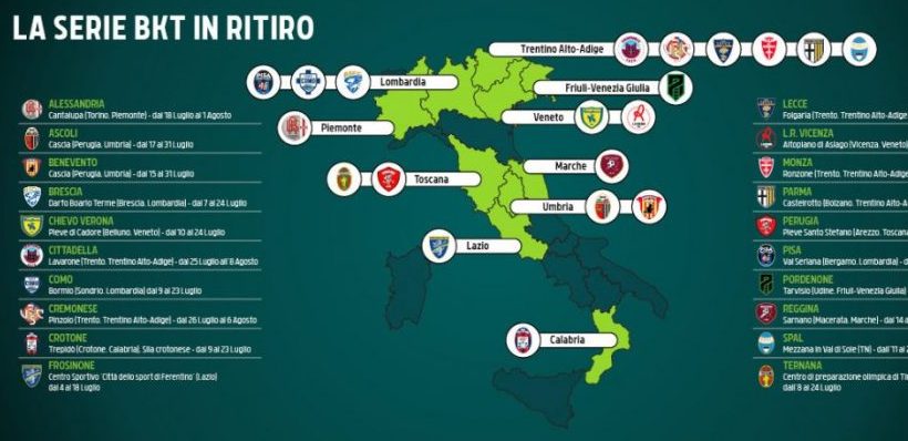 Serie B, tutte le sedi dei ritiri delle 20 squadre per la stagione 2021/22