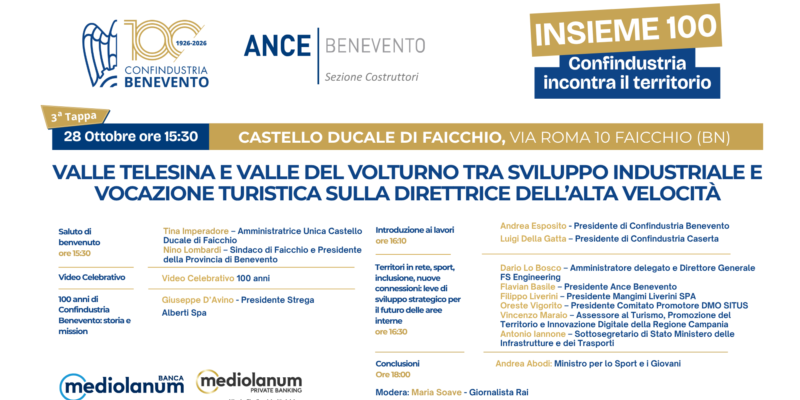 “INSIEME 100 – Confindustria incontra il territorio”: il 28 ottobre a Faicchio il terzo appuntamento
